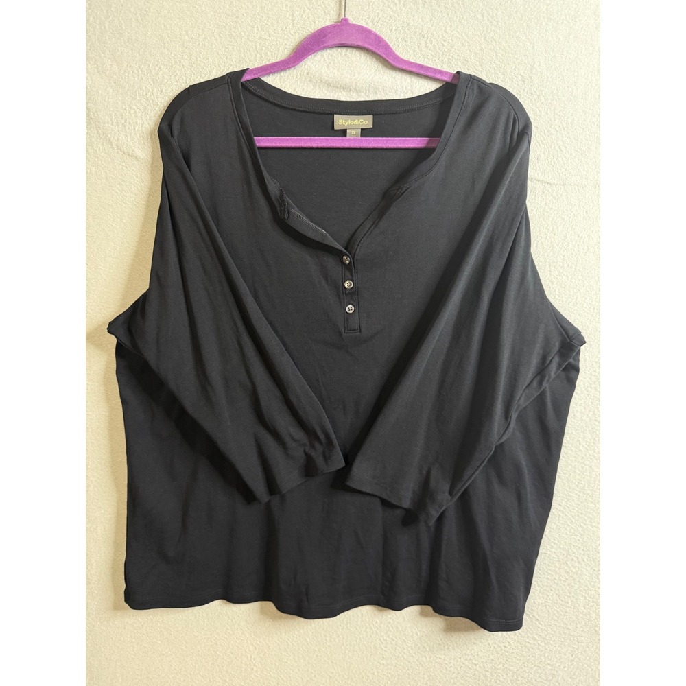 Style & Co. Henley Top Women's 2X Plus Black 3/4 Sleeve Button‎ Front